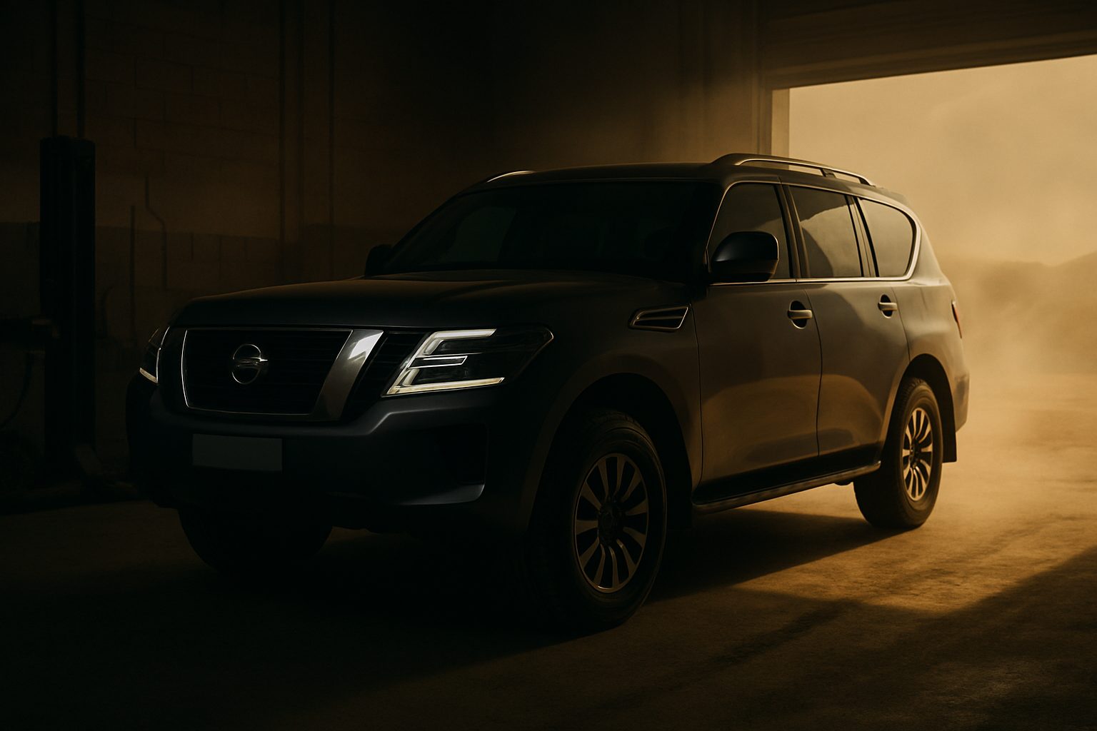 A large dark SUV sits inside a dimly lit workshop bay, its front and side visible, with golden dusty light streaming through an opening to the right.