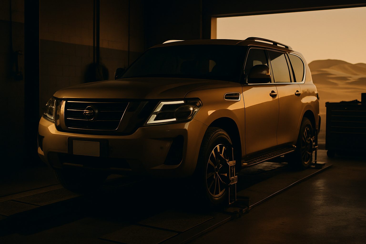 A large gold SUV sits inside a dimly lit garage bay, with a desert landscape visible through the open door behind it.