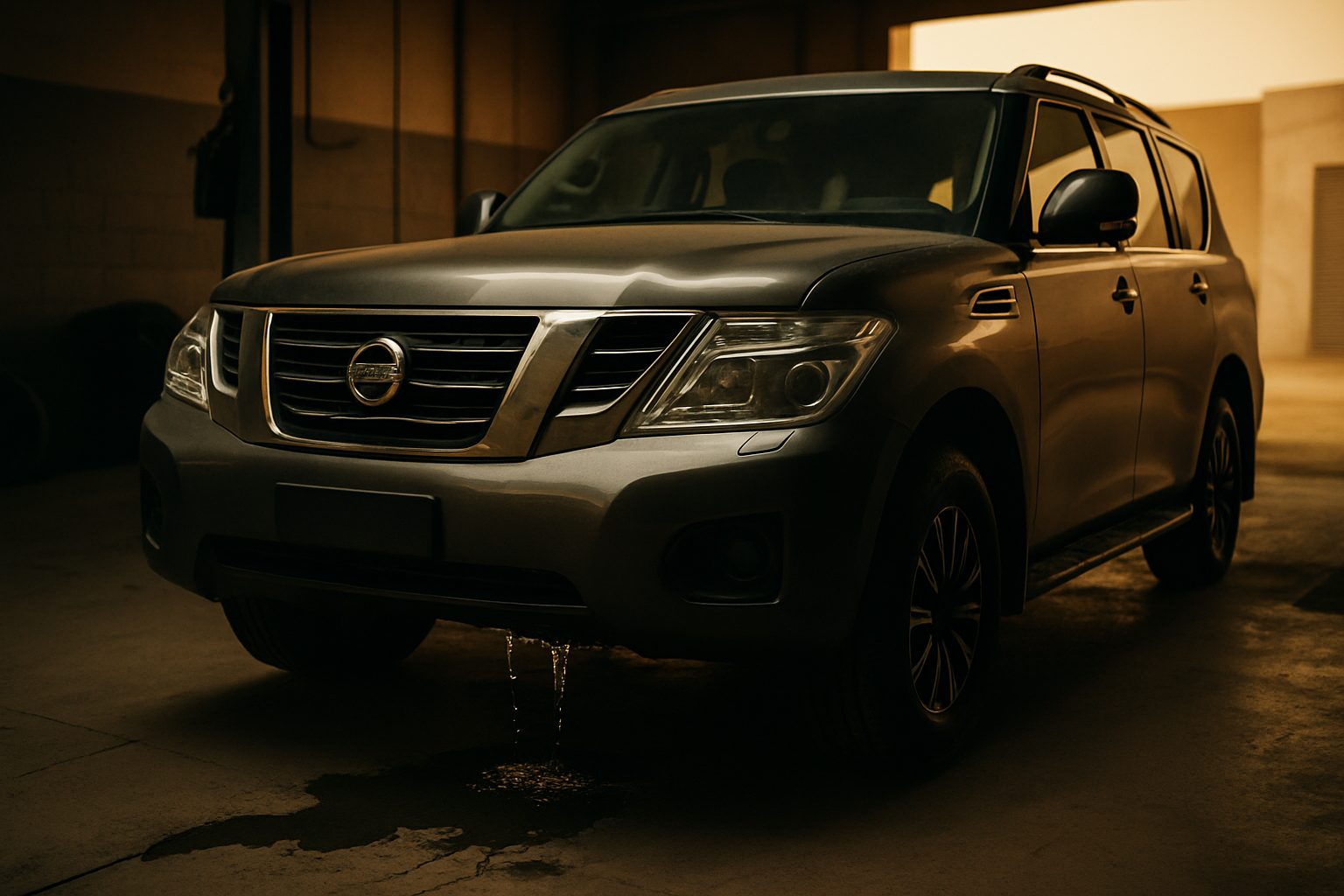 A large silver SUV parked in a dimly lit garage with liquid dripping from beneath its front bumper onto the concrete floor.
