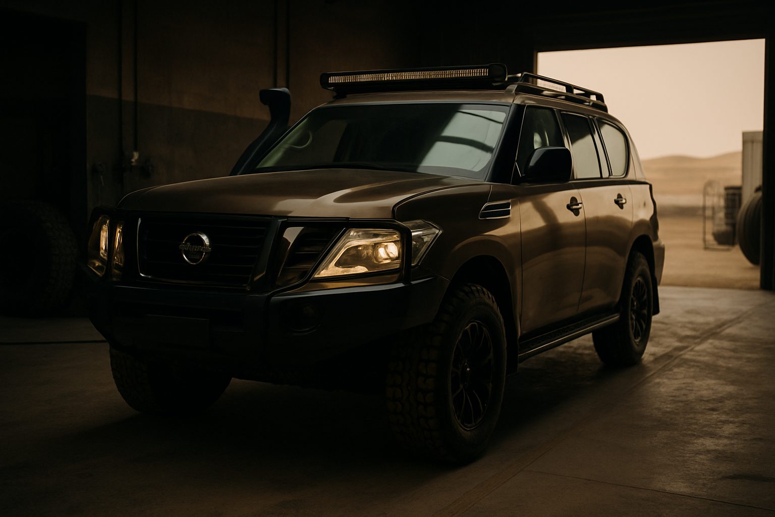 A dark-coloured SUV with a roof rack, light bar, snorkel, and bull bar sits inside a garage opening onto a desert landscape.