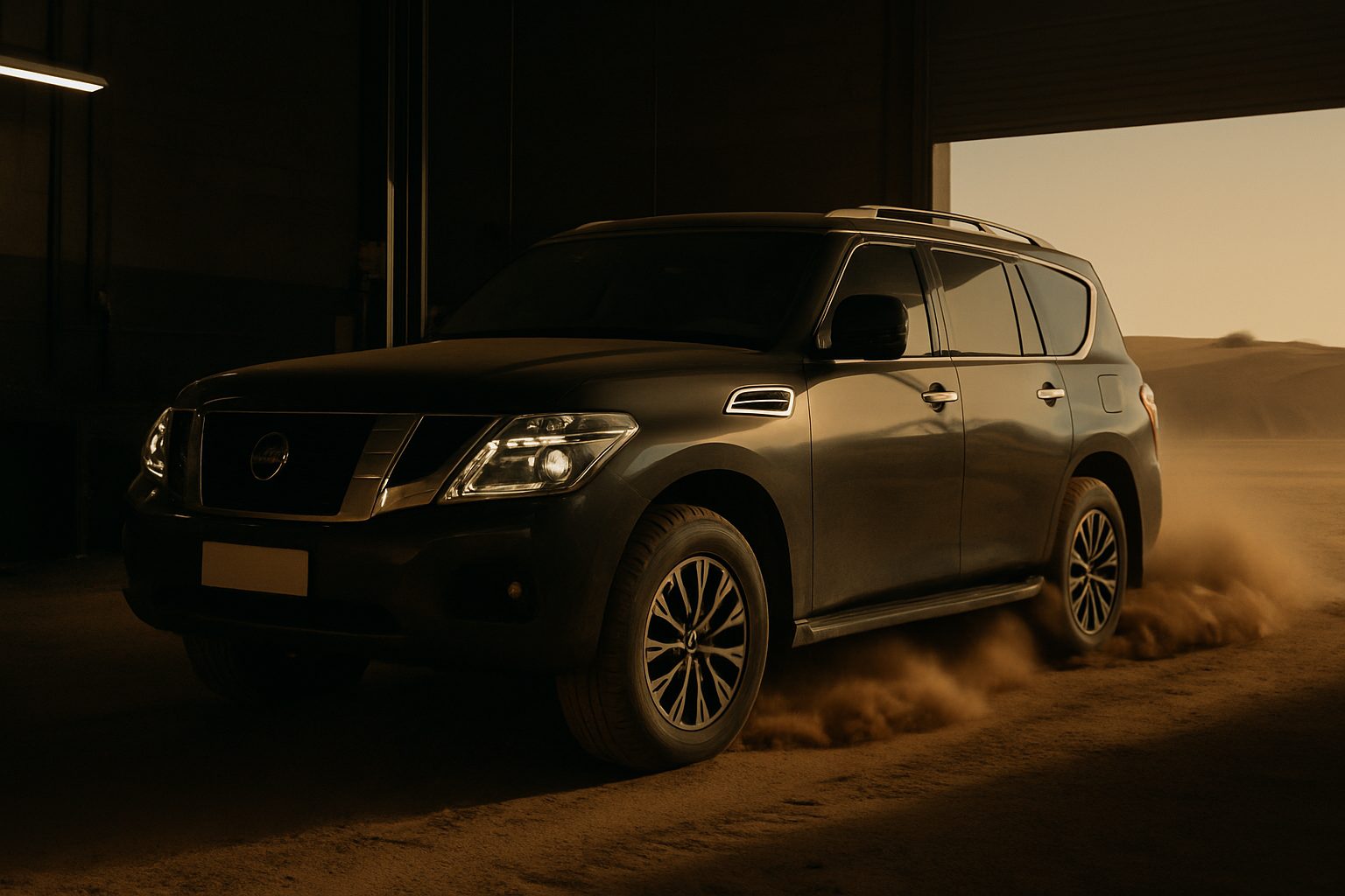 A dark-colored full-size SUV sits partially inside a dim garage structure, with sand and dust visible on the ground outside in a desert landscape.
