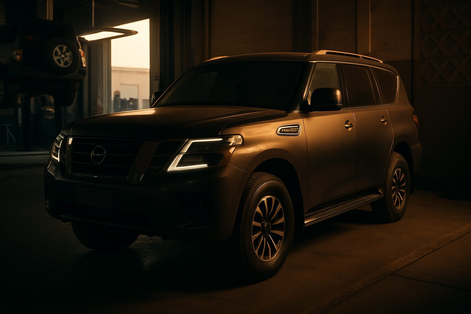 A large dark-colored SUV sits inside a dimly lit garage bay, illuminated by warm golden light from an open doorway in the background.