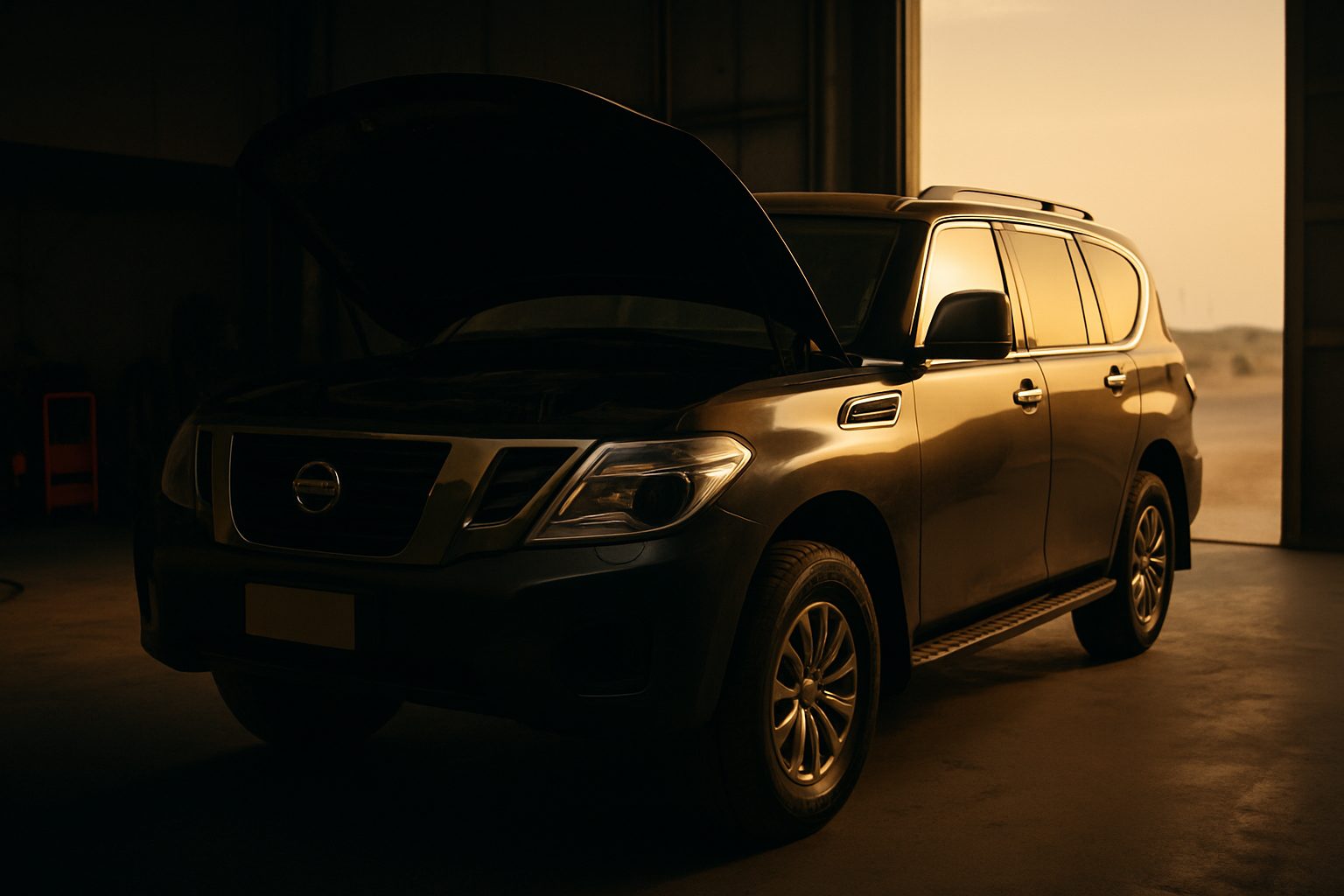 A large dark-colored SUV with its hood open stands inside a garage bay, dramatically lit by warm golden light entering through an open door.
