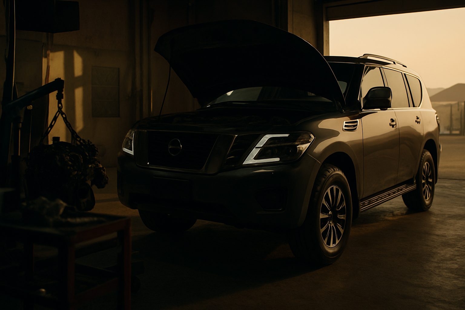 A large dark SUV with its hood open sits inside a dimly lit garage, with a engine block suspended on a chain hoist visible to the left.