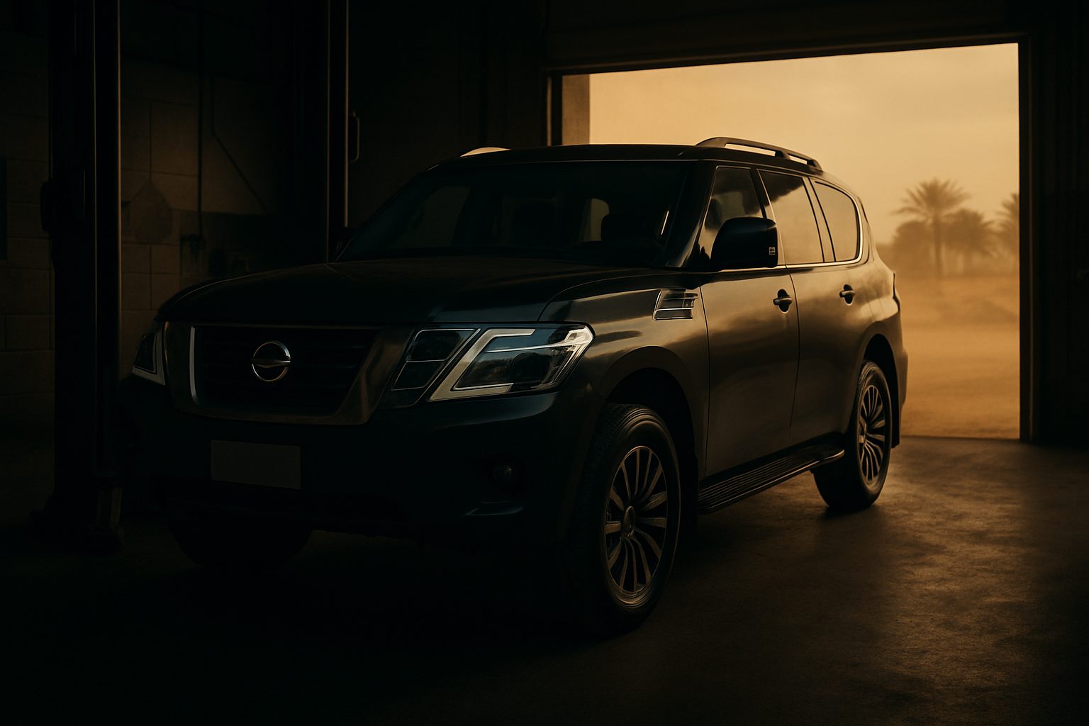 A large dark SUV sits inside a dim garage with an open door revealing a hazy, golden desert landscape and silhouetted palm trees outside.