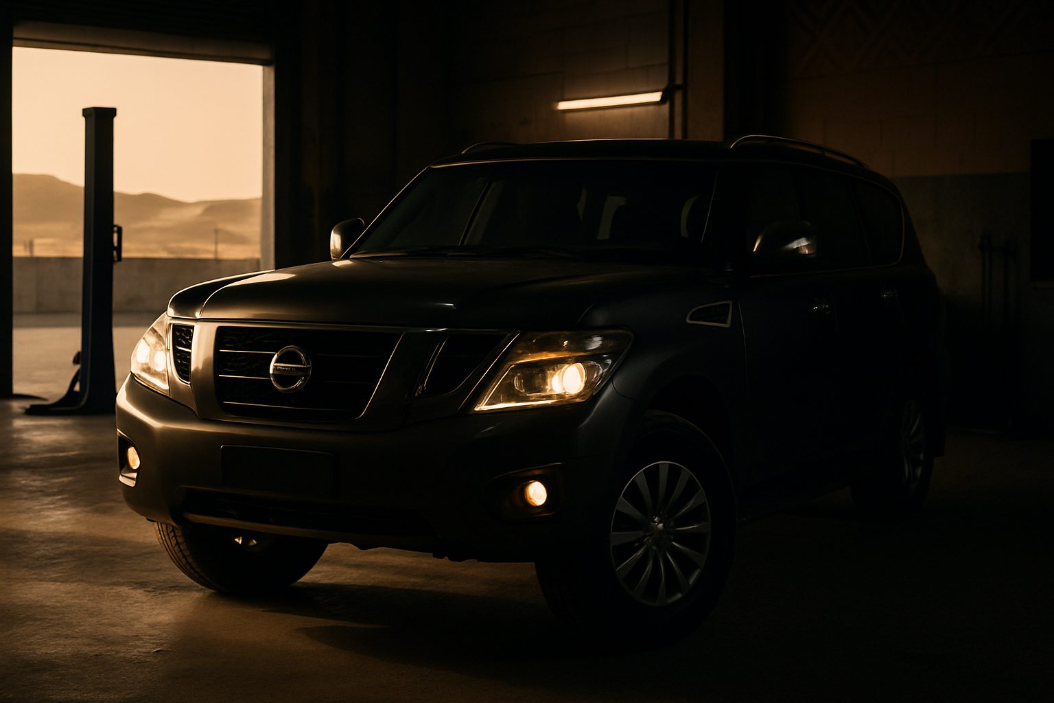A dark-colored SUV with headlights and fog lights on sits inside a dimly lit garage bay, with a desert landscape visible through the open door behind it.