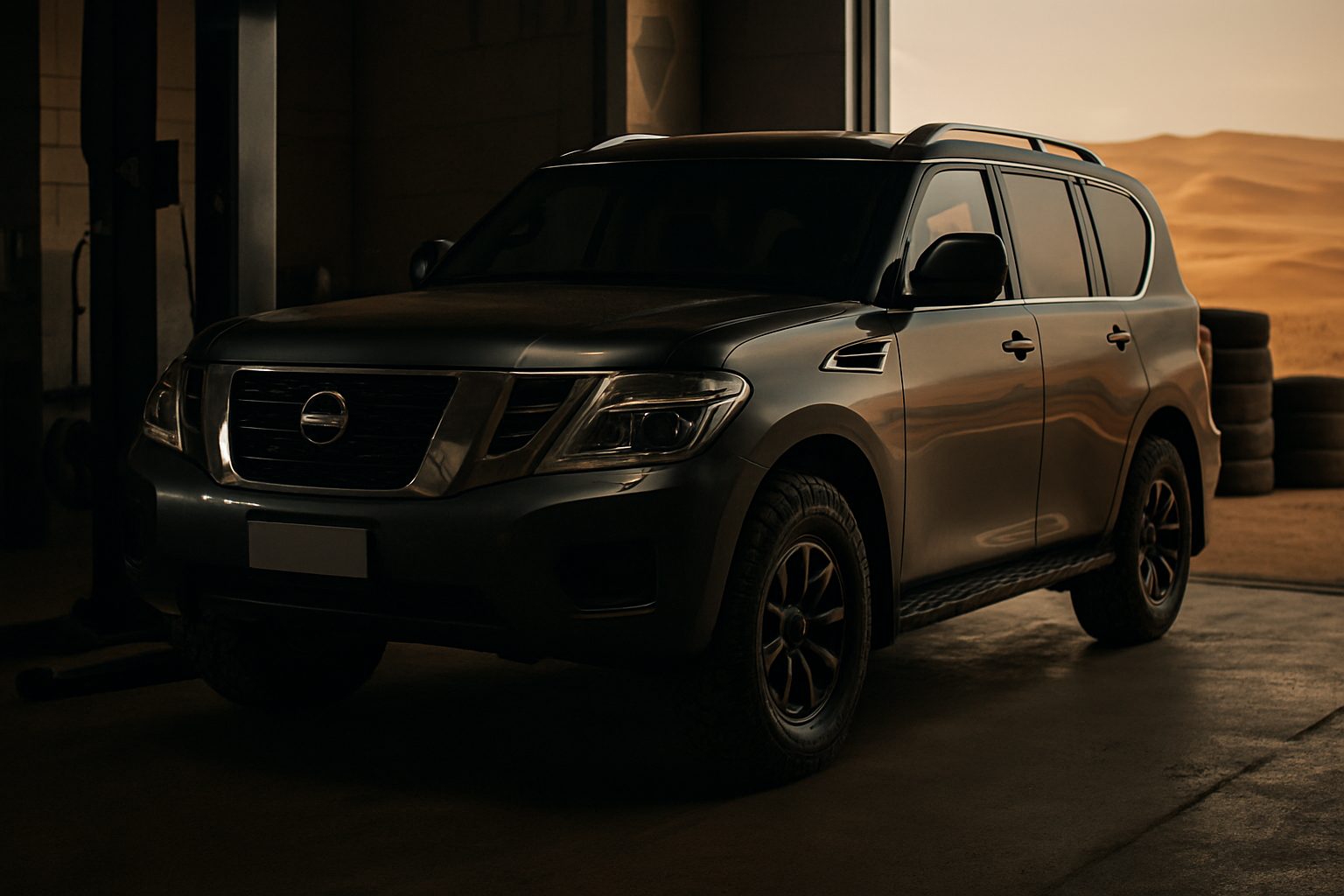 A large dark-colored SUV sits inside a garage bay with stacked tires visible to the right and a desert landscape with sand dunes visible in the background.