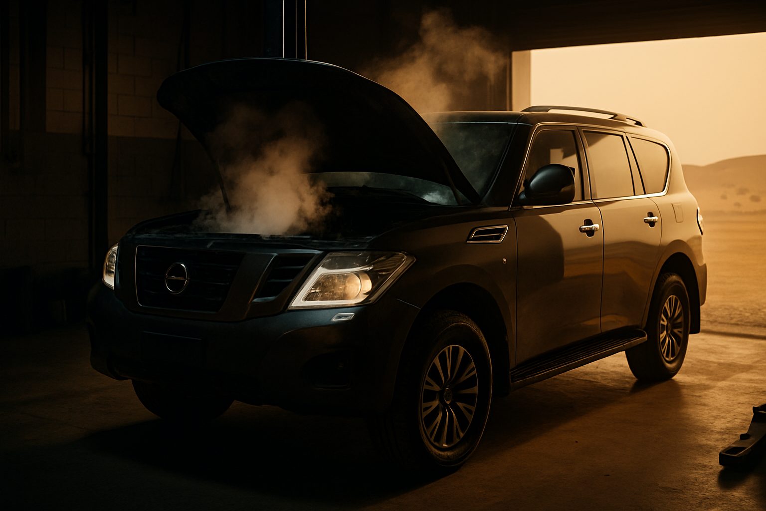 A large dark SUV with its hood open and white steam rising from the engine bay sits inside a dimly lit garage with a desert landscape visible through an opening behind it.