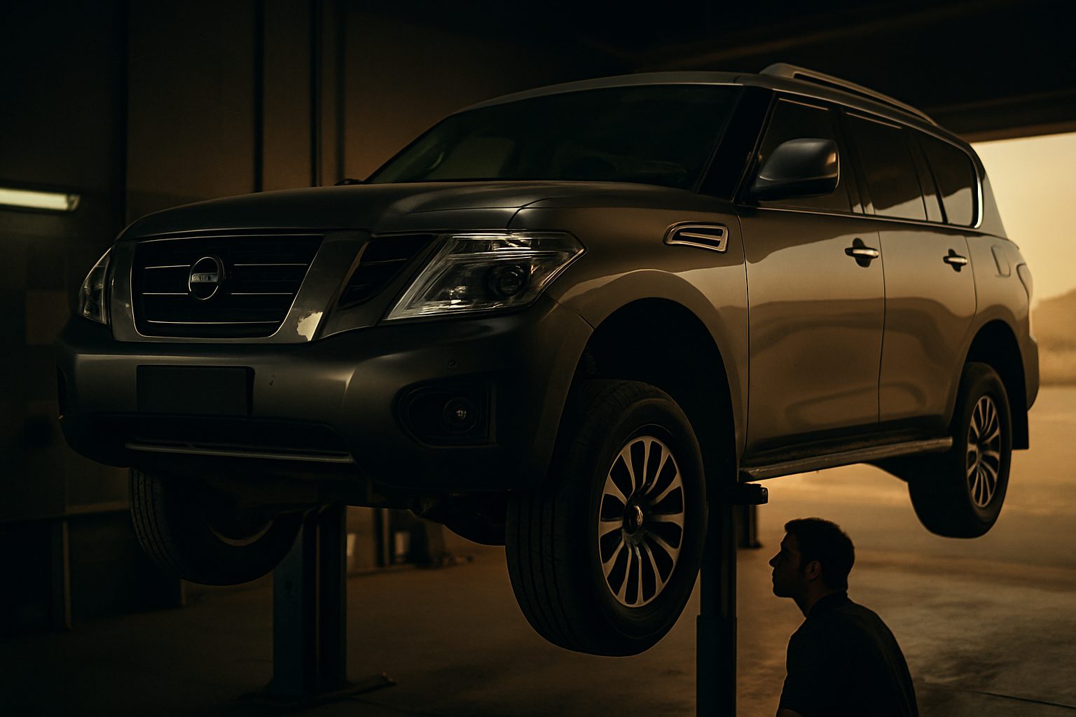 A large SUV is elevated on a hydraulic lift inside a dimly lit garage workshop while a person stands beneath it looking upward.