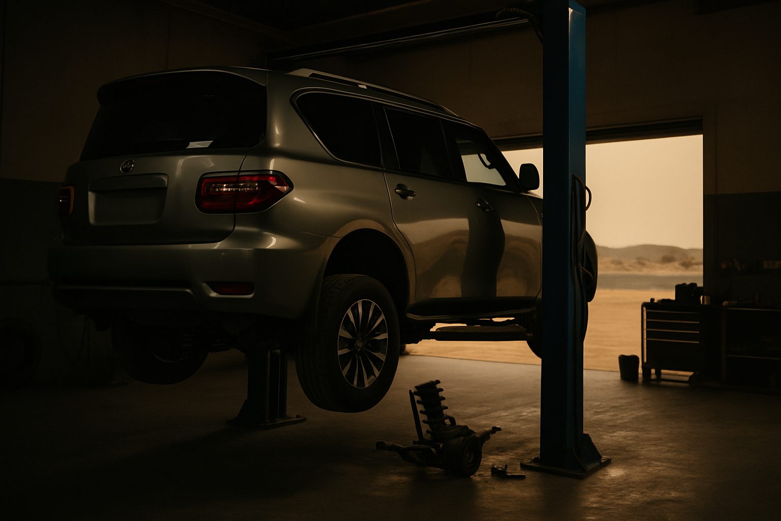 A large silver SUV sits on a two-post hydraulic lift inside a dimly lit garage, with a suspension component on the floor and a desert landscape visible through the open bay door.