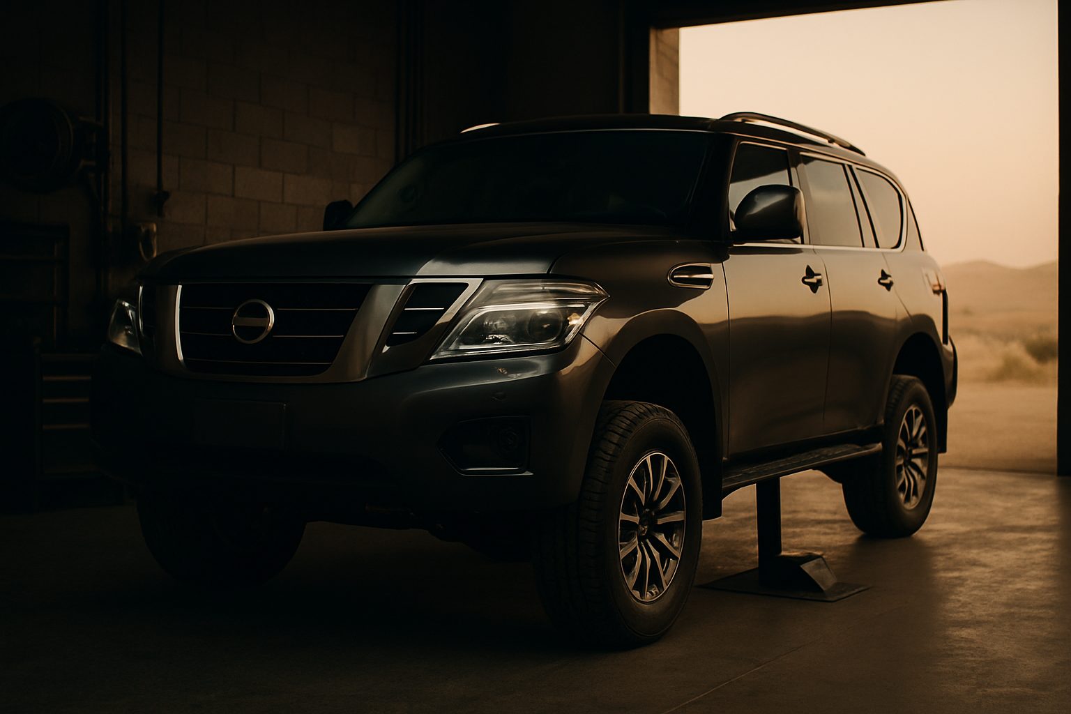 A dark-coloured SUV sits inside a dimly lit garage with a wide open door revealing a hazy, dust-filled desert landscape outside.