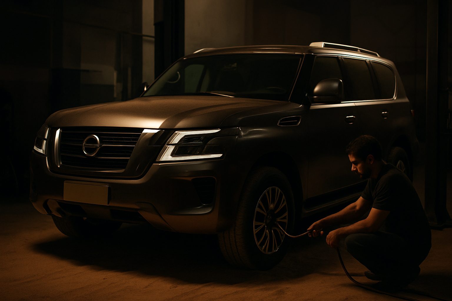 A man crouches beside the front wheel of a large brown SUV in a dimly lit garage, holding a hose against the tire.